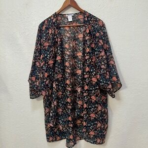 Dizzy Gal Womens 2X Floral Paisley Chiffon Kimono Open‎ Front Cardigan Black